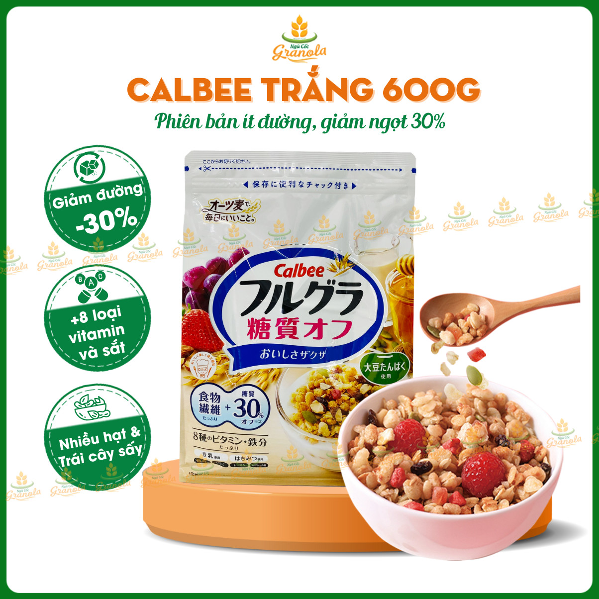 [MỚI T10/24] Ngũ cốc Calbee Trắng Ít Đường Ăn Kiêng Giảm Cân Nhật Bản mix sữa chua hoa quả trái cây dùng ăn sáng (600G) - (Hạt Ngon)