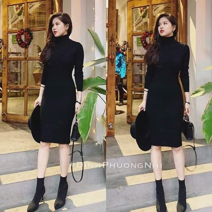 Đầm body cao cổ len dày đẹp