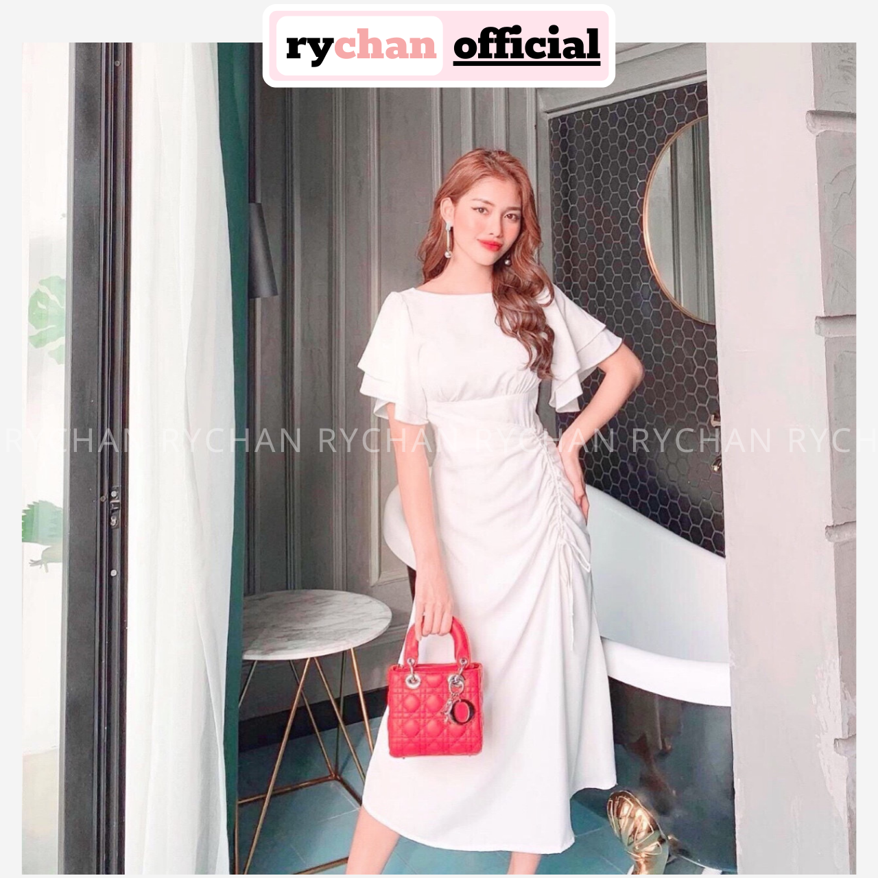 Đầm Cổ Tròn Tay Xòe Tầng Rút Sườn Sang Trọng, Đầm Dự Tiệc Form Dài Dáng Xòe Basic Màu Trắng Hồng - DX876