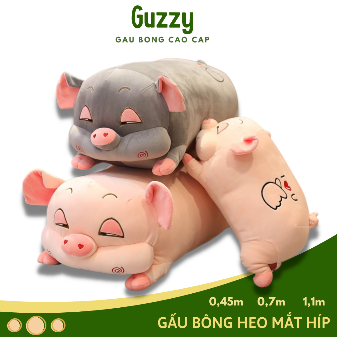 Gấu Bông Heo Buồn Ngủ Heo Mắt Híp Béo Ú Ngộ Nghĩnh, Vải Nhung Hàn Co Dãn 4 Chiều Không Rụng Lông, Gối Ôm Hình Heo Híp Nhồi Bông