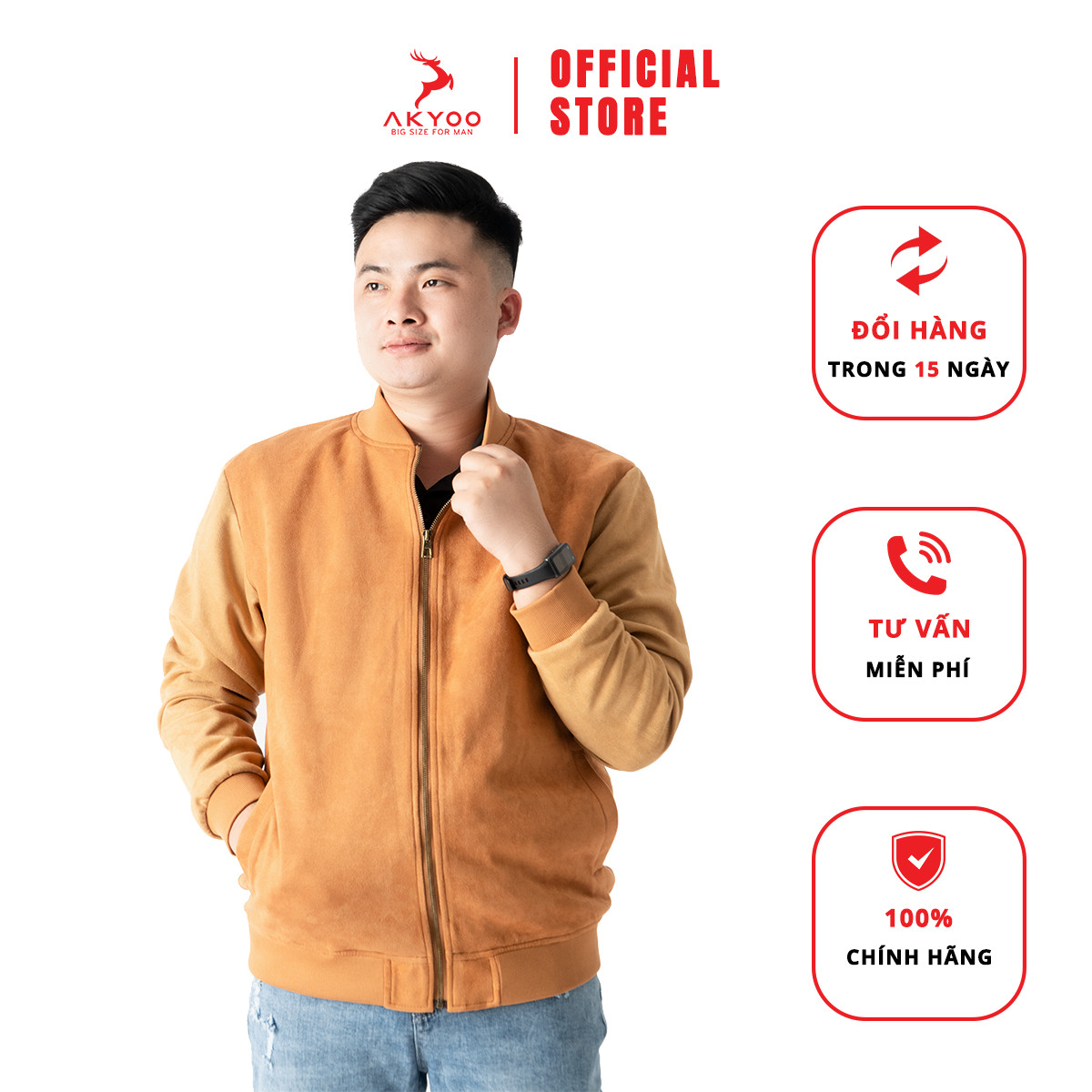 Akyoo áo khoác bomber da lộn vàng bigsize 80-140kg