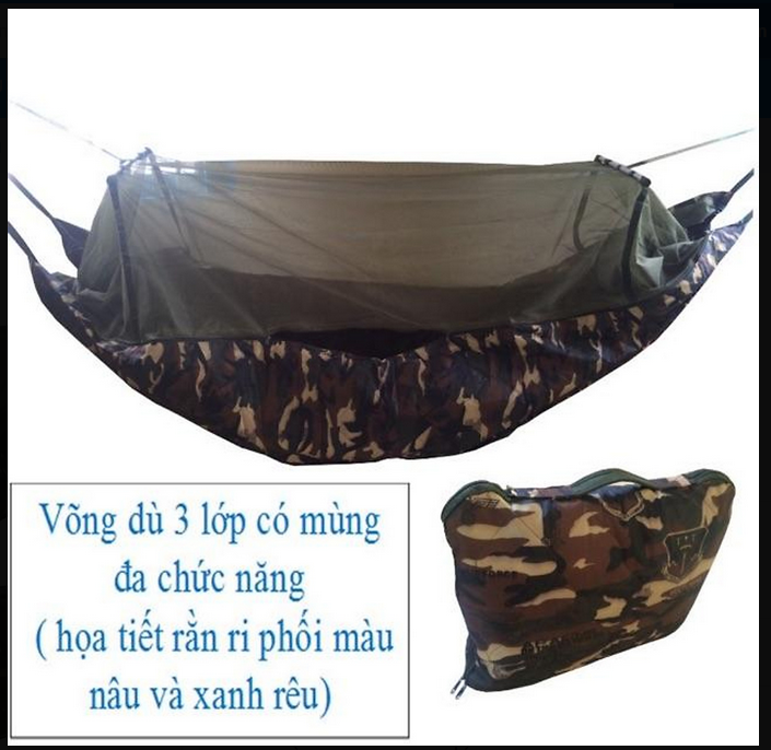 Võng dù lính có mùng dài 2.5m đủ mét- Võng dù 3 lớp đa chức năng túi ngủ, võng, mềm, làm gối - THích hợp dã ngoại