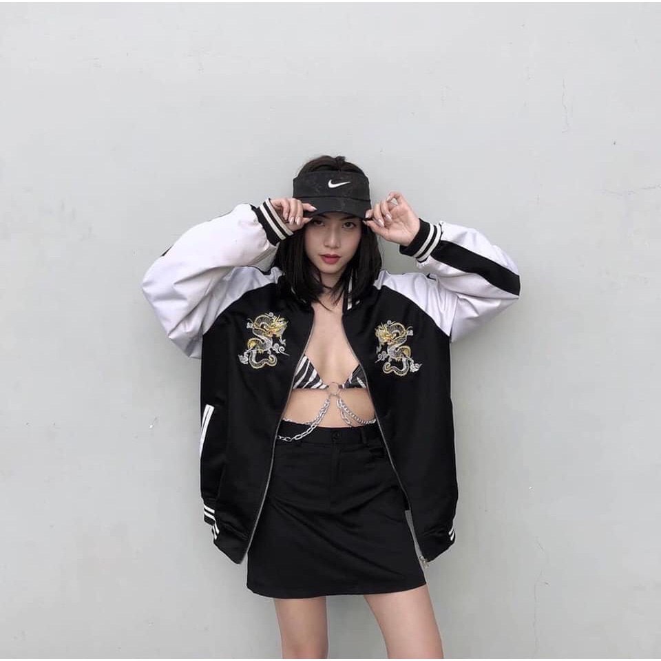 Áo khoác gió bomber thêu rồng đen dragon unisex nam nữssx
