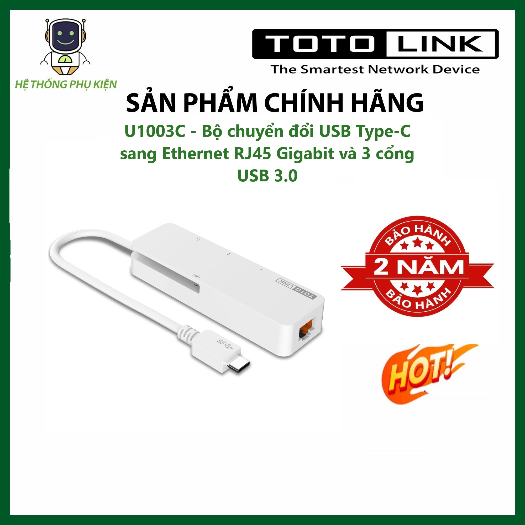 Bộ chuyển đổi usb type-c sang ethernet rj45 gigabit và 3 cổng usb 3.0 totolink u1003c