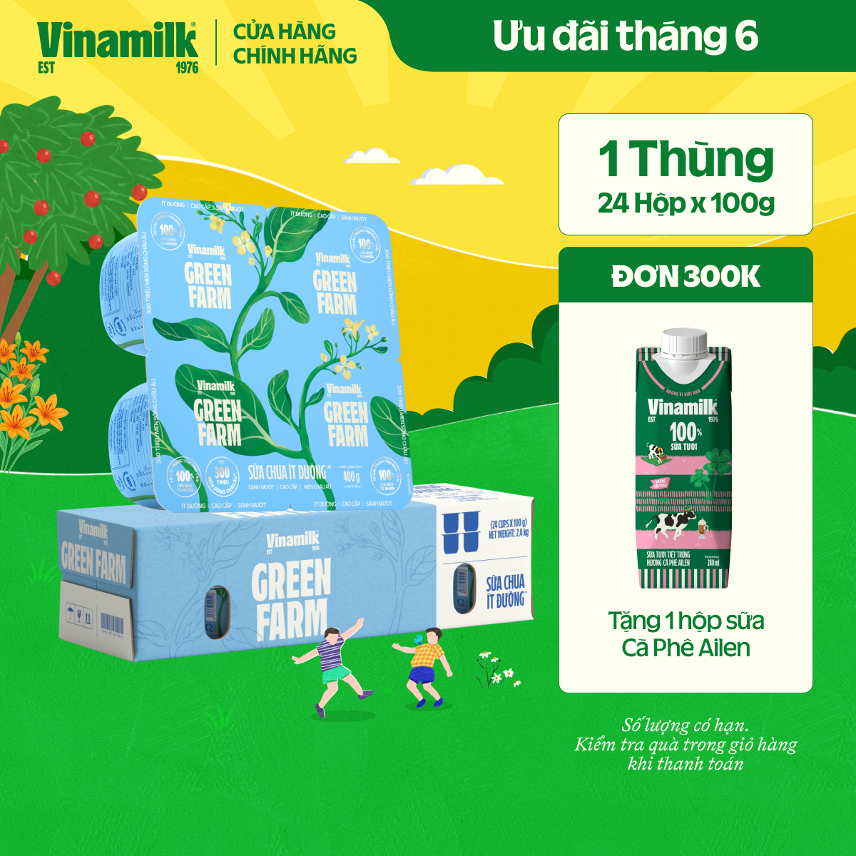 [CHỈ GIAO TRONG 10KM] Thùng 24 hộp Sữa chua ăn Vinamilk Love Yogurt Green Farm Ít Đường Hộp 100g