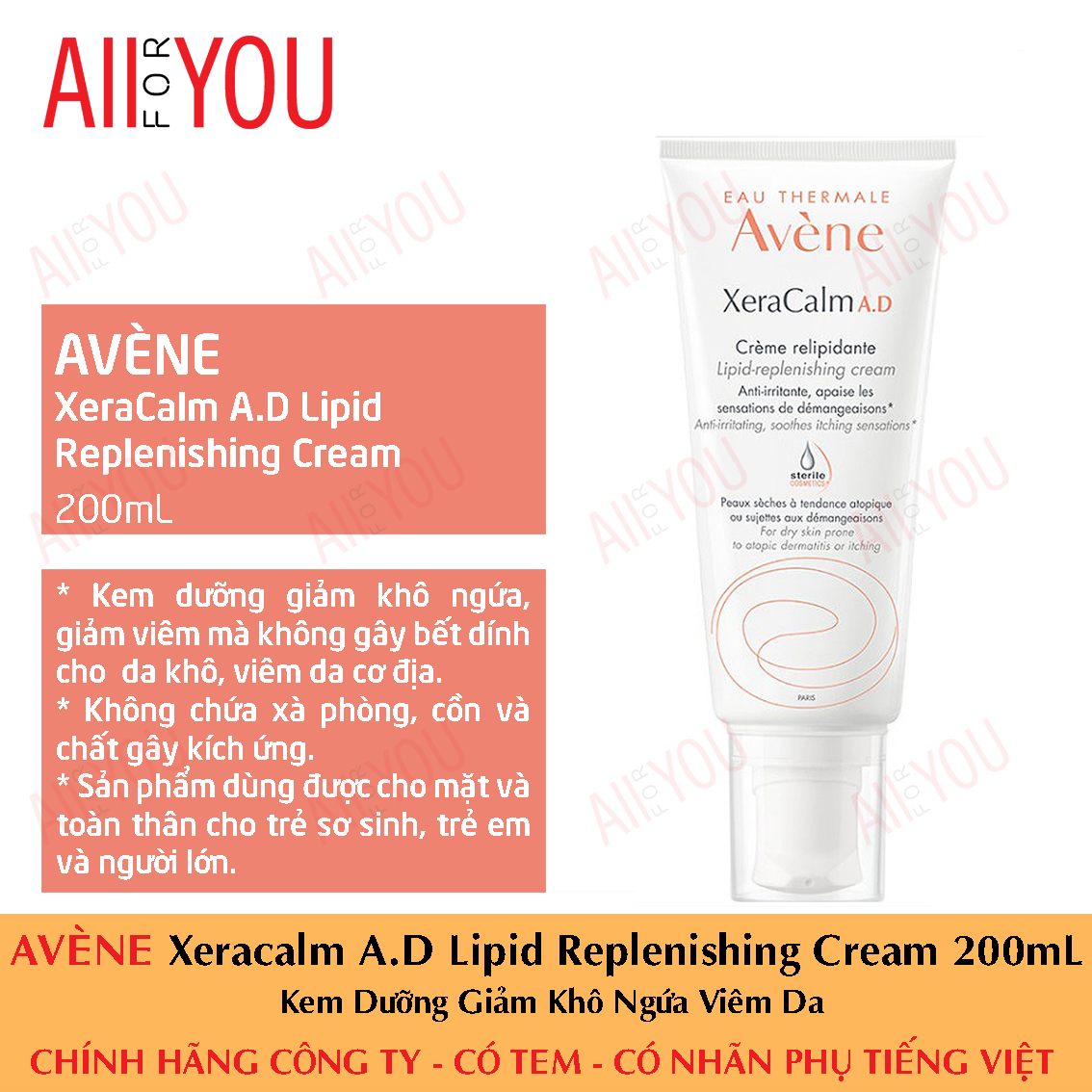 Avène xeracalm a.d lipid replenishing cream 200ml - kem dưỡng giảm khô ngứa da.