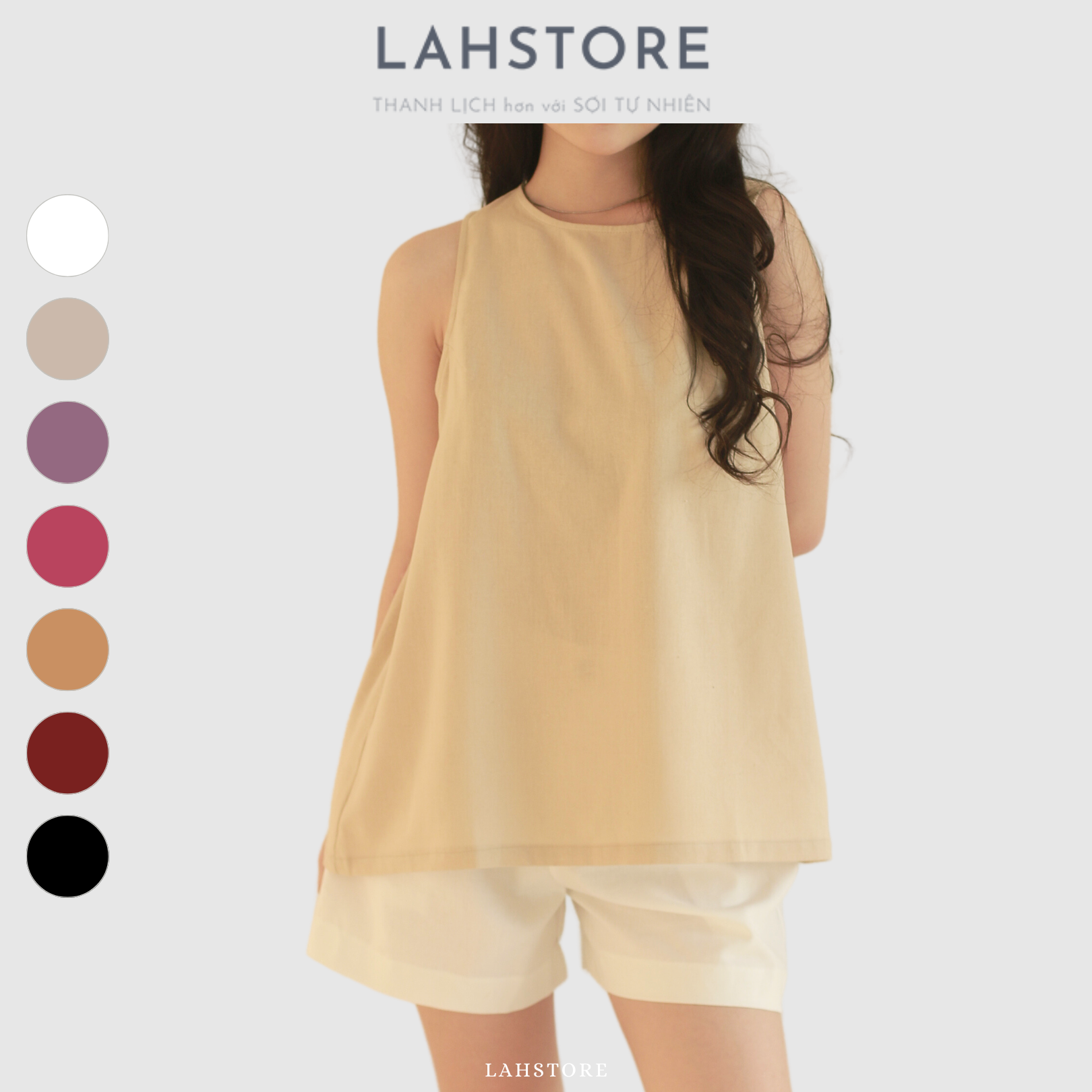 Đồ bộ nữ vải linen LAHSTORE, Áo sát nách dáng yếm cúc gỗ xẻ sau & Quần short ống rộng lưng thun (Be)