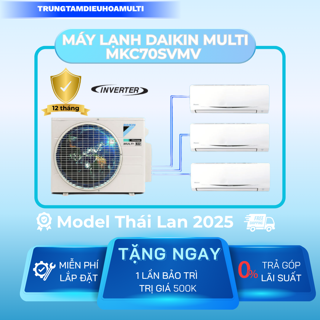 Máy lạnh Multi Daikin Inverter MKC70SVMV 1 Dàn Nóng 2- 3 Dàn Lạnh Treo Tường Gas R32 Chính hãng Daikin Thái Lan Sản Xuất 2025 Giá 38,571,000 Đồng*Miễn phí vận chuyển