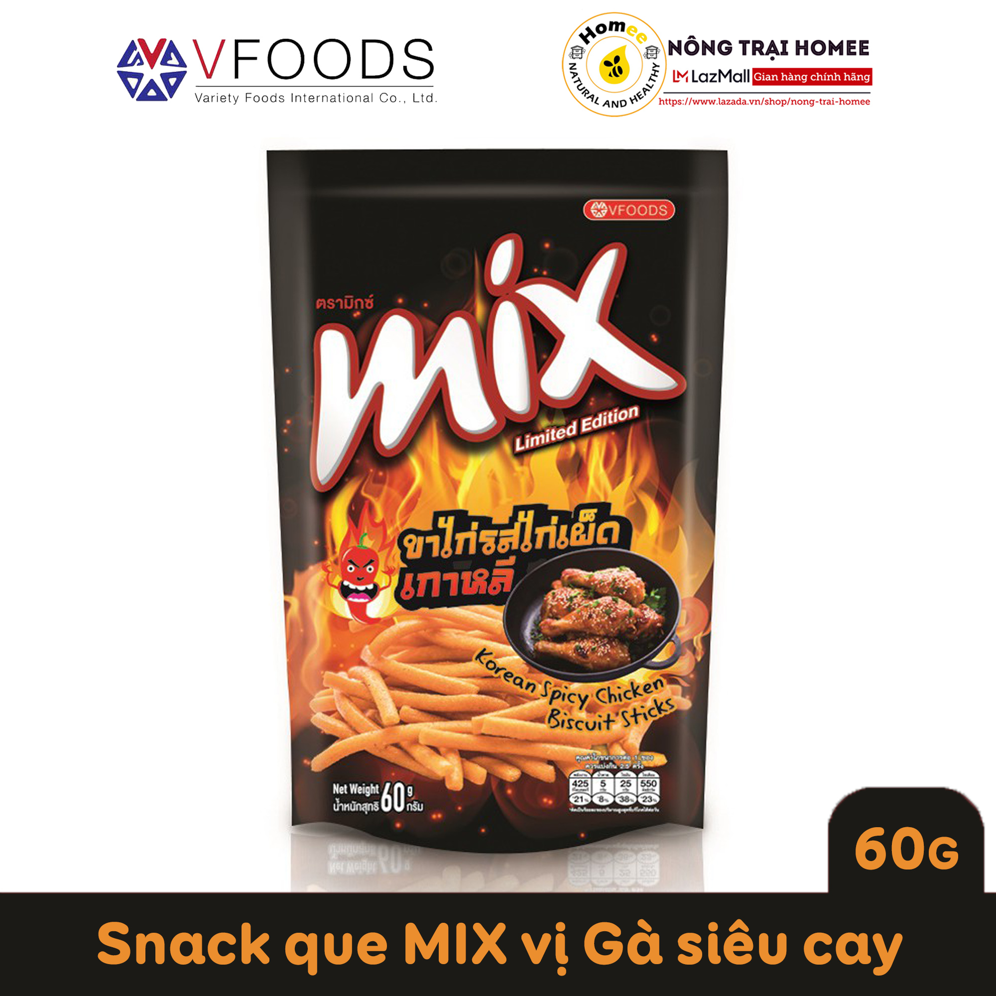 Bánh Snack que cọng nhập khẩu Thái Lan MIX VFOODS 60g | Vị Gà Siêu Cay Hàn Quốc | NÔNG TRẠI HOMEE