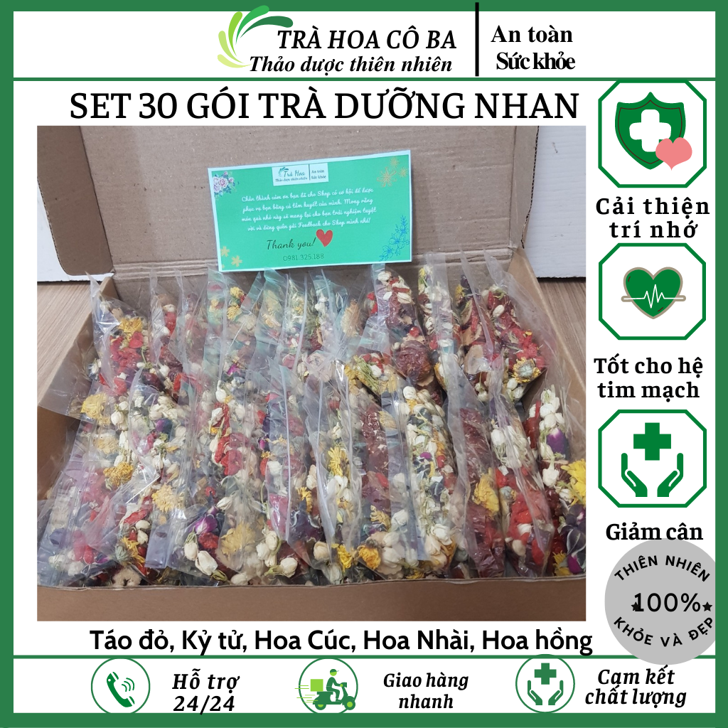 trà dưỡng nhan, trà thảo mộc,  set trà 30 gói thơm ngon bổ dưỡng đẹp da Trà hoa cô ba