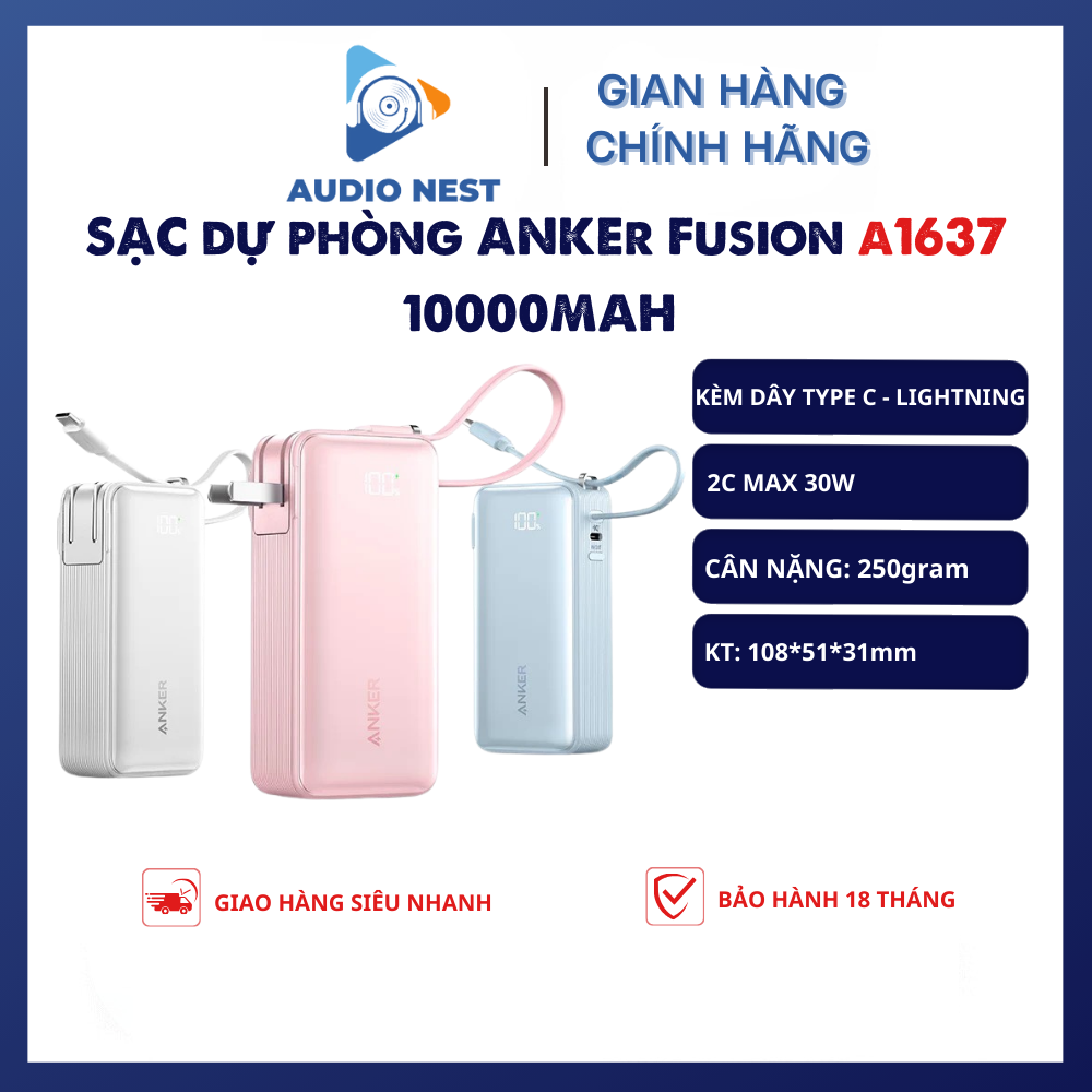 Pin Dự Phòng Anker A1637 Fusion 10000mah 30W Tích Hợp Dây Type-C, Kiêm Củ Sạc - Bảo Hành 12 Tháng.