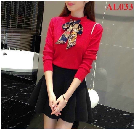 Áo thun gân len cổ lọ buộc nơ xinh, dài tay thu đông