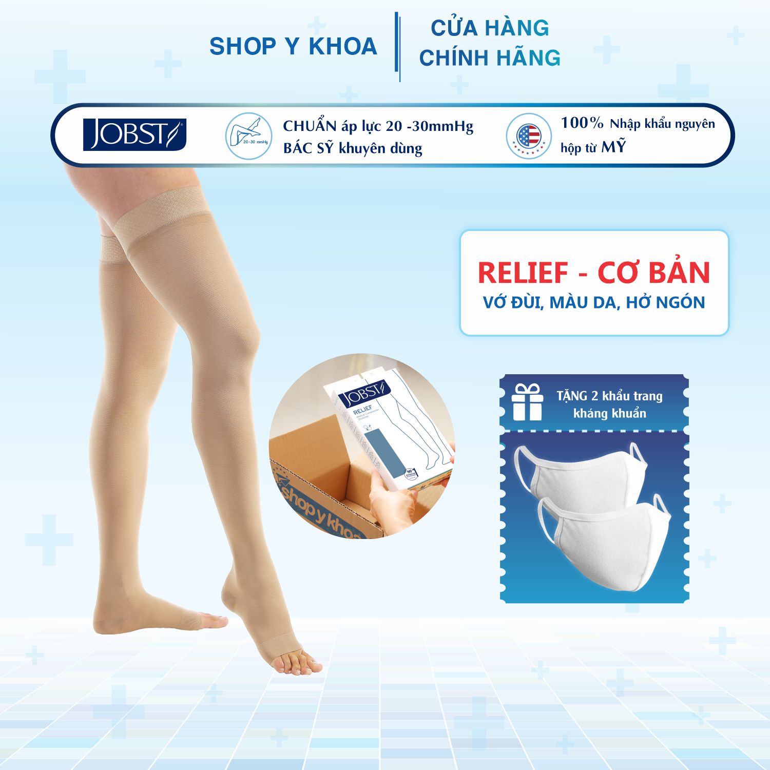 [CÓ QUÀ TẶNG] Vớ Y Khoa JOBST Relief Đùi, Màu Da, Hở Ngón, Suy Giãn Tĩnh Mạch, Áp Lực 20-30mmHg (Tất Y Khoa)