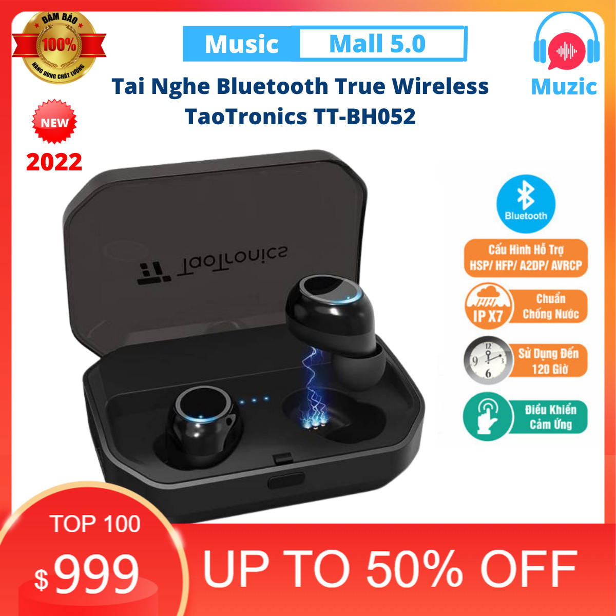Tai nghe bluetooth . tai nghe bluetooth true wireless taotronics tt-bh052 cao cấp . bluetooth: 5.0 khoảng cách: 10m chống nước: ipx7 profiles được hỗ trợ: hsp / hfp / a2dp / avrcp _ tai nghe chính hãng cao cấp bảo hành 1 năm nếu có lỗi