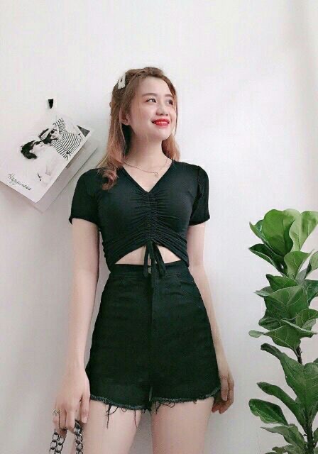 Áo Croptop Nữ Tay Ngắn Thấm Hút Mồ Hôi Áo Nữ Len Tăm Rút Ngực ZALITA A036