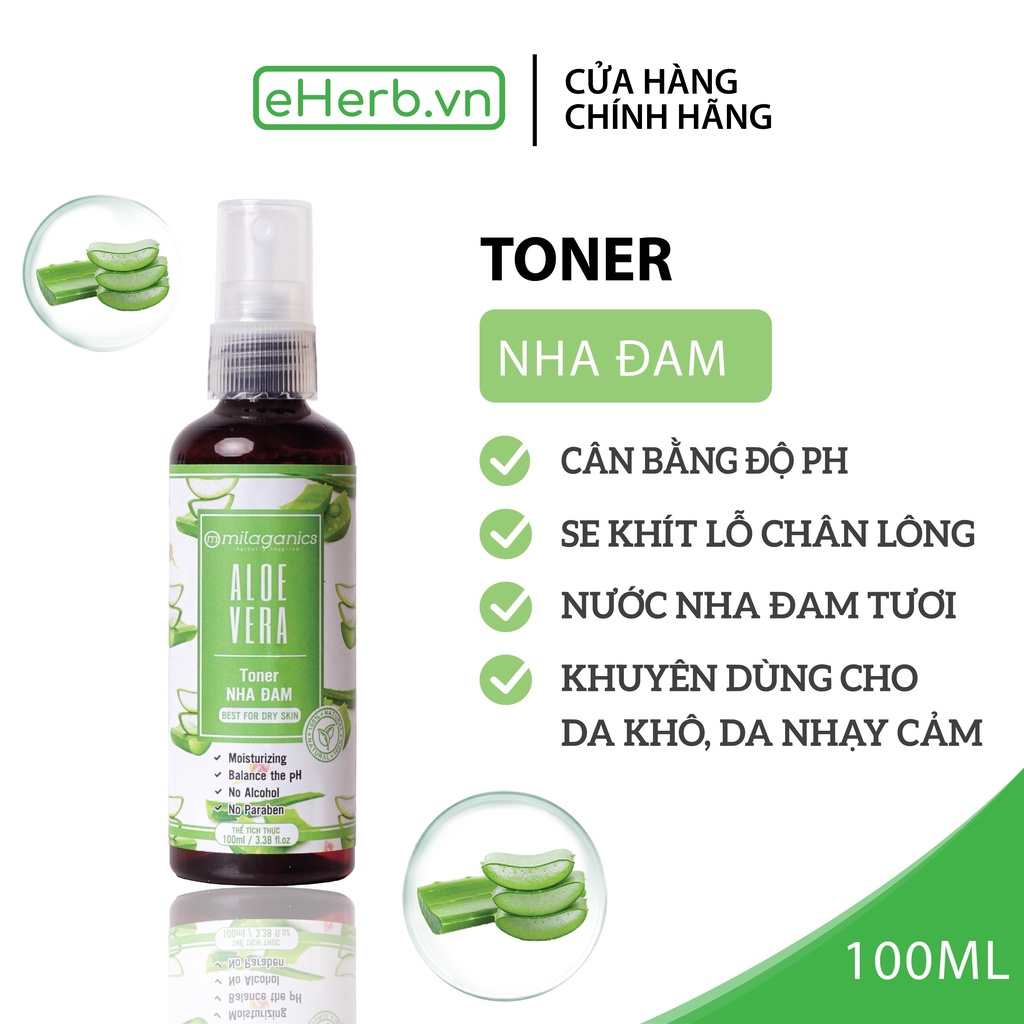Nước Hoa Hồng Toner Nha Đam Dưỡng Ẩm Dịu Nhẹ Se Khít Lỗ Chân Lông Từ Nha Đam Tươi MILAGANICS 100ml (Chai) - eherb