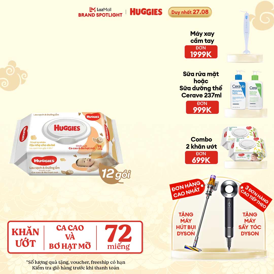 [CHỈ 27.8 GIẢM THÊM ĐẾN 200K] Bộ 12 gói Khăn giấy ướt cho trẻ sơ sinh HUGGIES (Gói 72 tờ)-Chiết xuất Cao cao & Bơ hạt mỡ