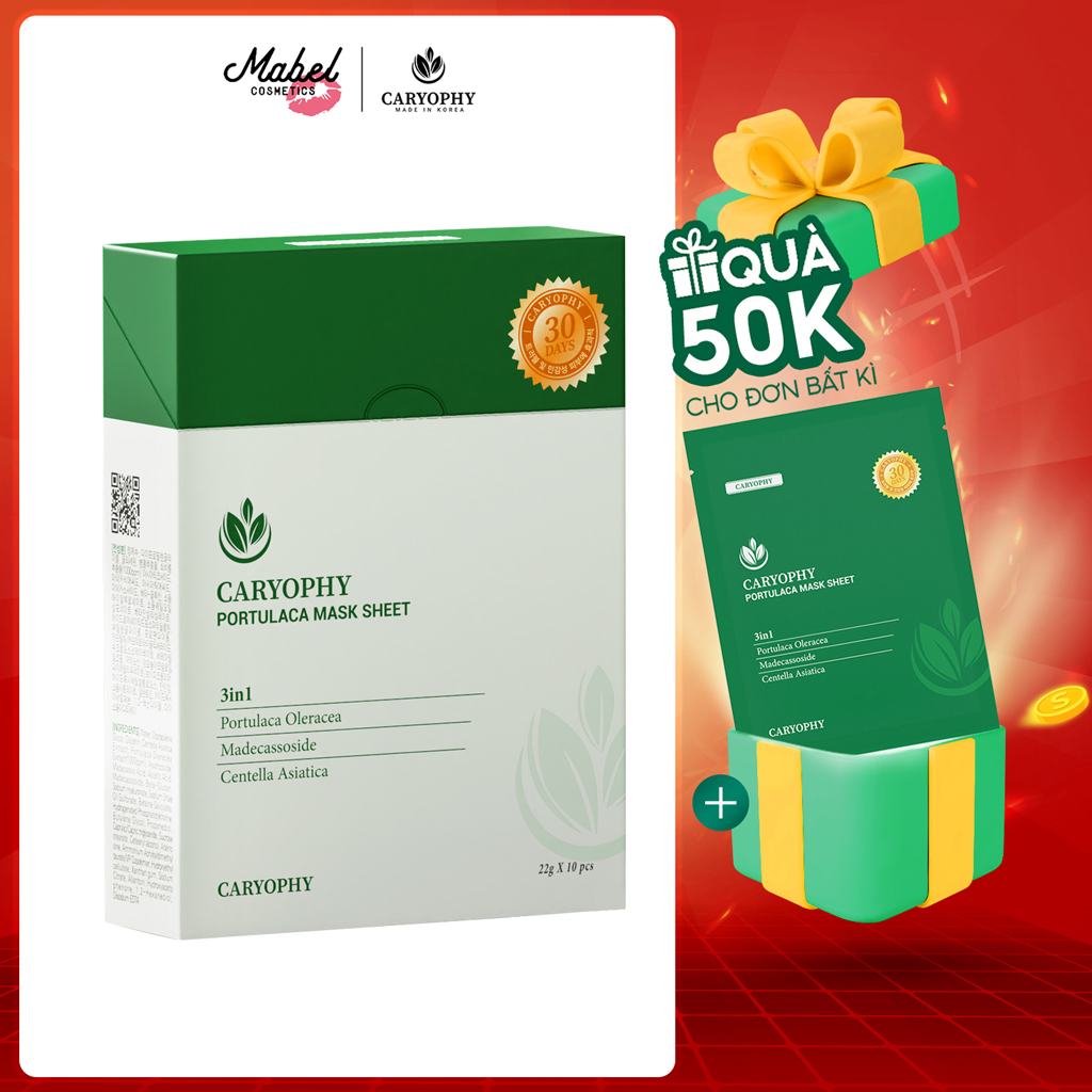 Mặt nạ dưỡng da giảm mụn thâm Caryophy Portulaca Mask Sheet (Hộp 10 miếng)