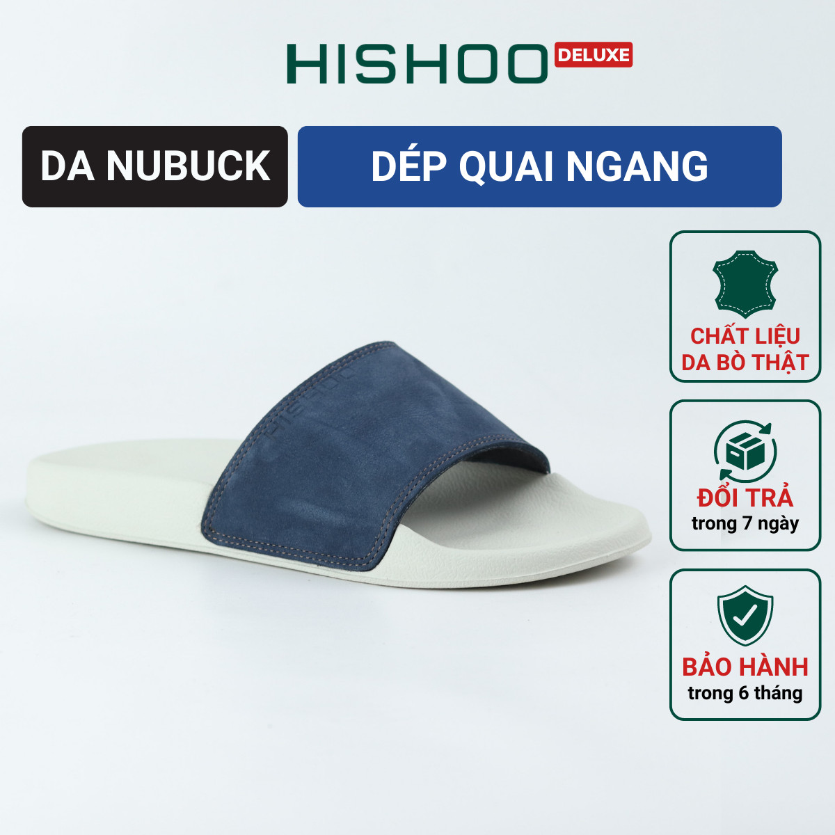 Dép quai ngang slipper Xanh navy nam, nữ  HISHOO siêu nhẹ da Nubuck thời trang size 36 - 45 U111