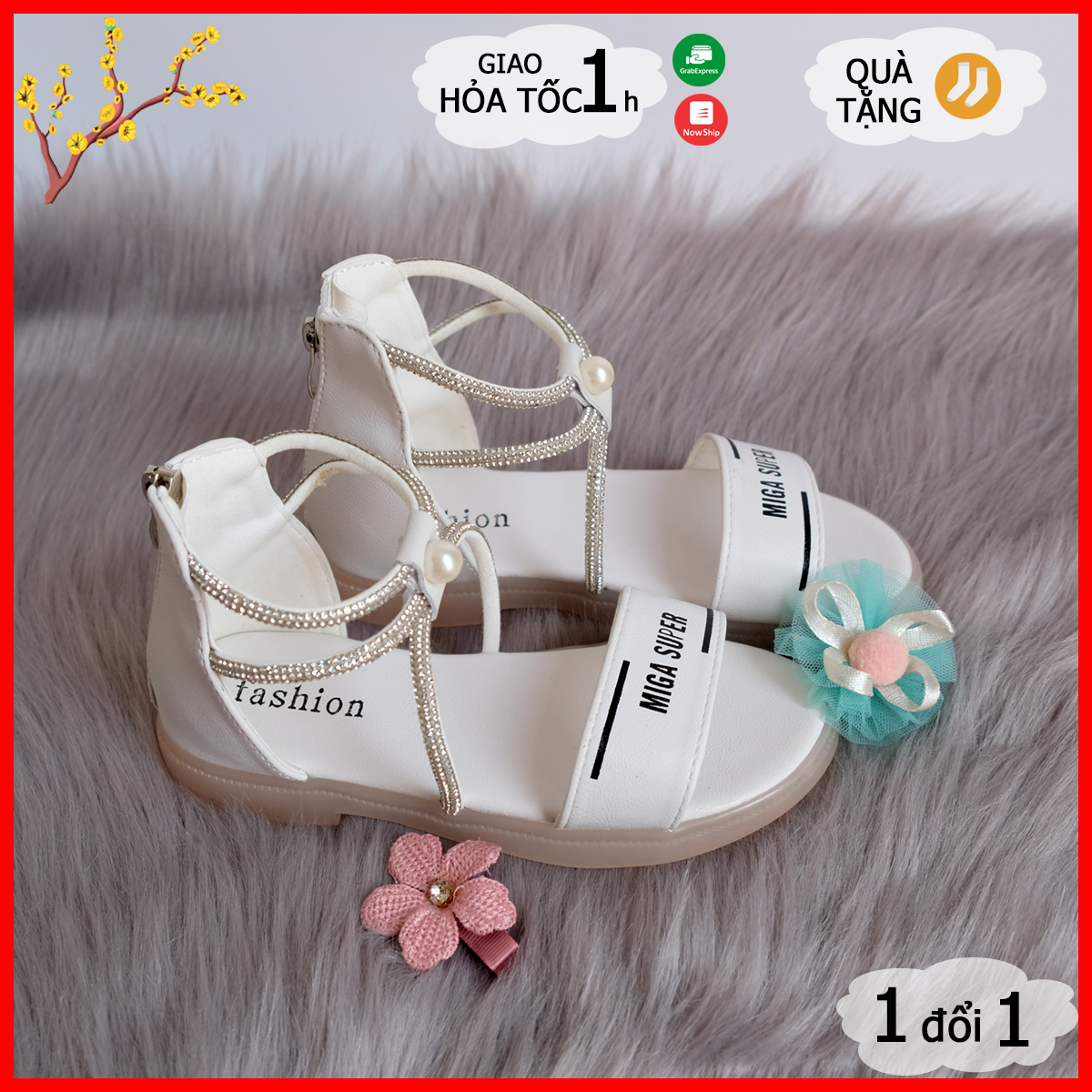 Giày sandal đính đá bé gái màu trắng sandal công chúa đính đá bé gái màu trắng mẫu Tết 2021 - May House shop