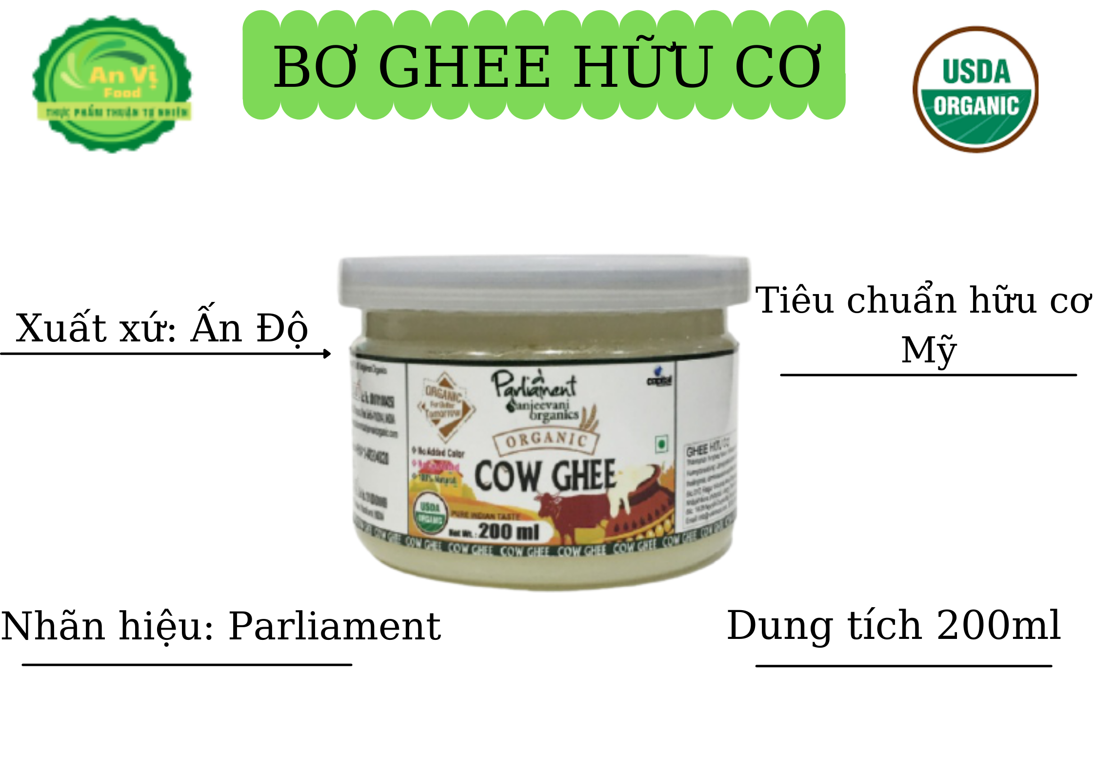 Bơ ghee hữu cơ parliament organic cow ghee, 200ml