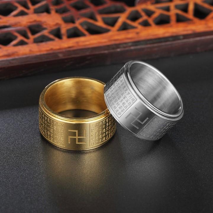 Nhẫn bát nhã tâm kinh khắc chữ VẠN nhẫn xoay không gỉ không đen - May mắn an yên ( Màu bạc )