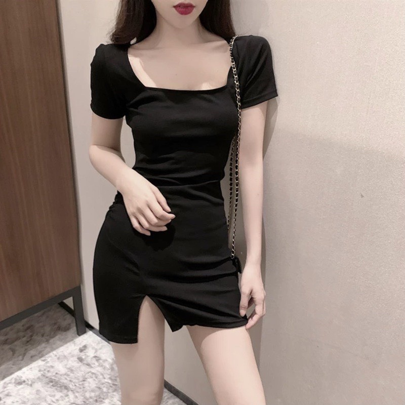 Váy body cổ vuông siêu tôn dáng màu đen, đầm nữ màu đen body