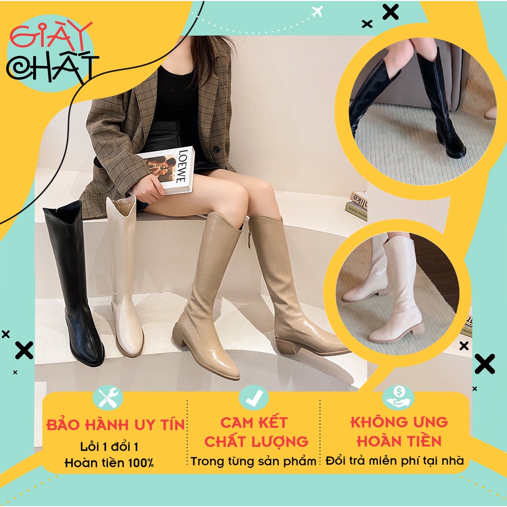 Bốt đùi nữ chất da cổ chữ V mẫu mới, giày bốt cao cổ nữ đế cao 3p kiểu dáng sang chảnh