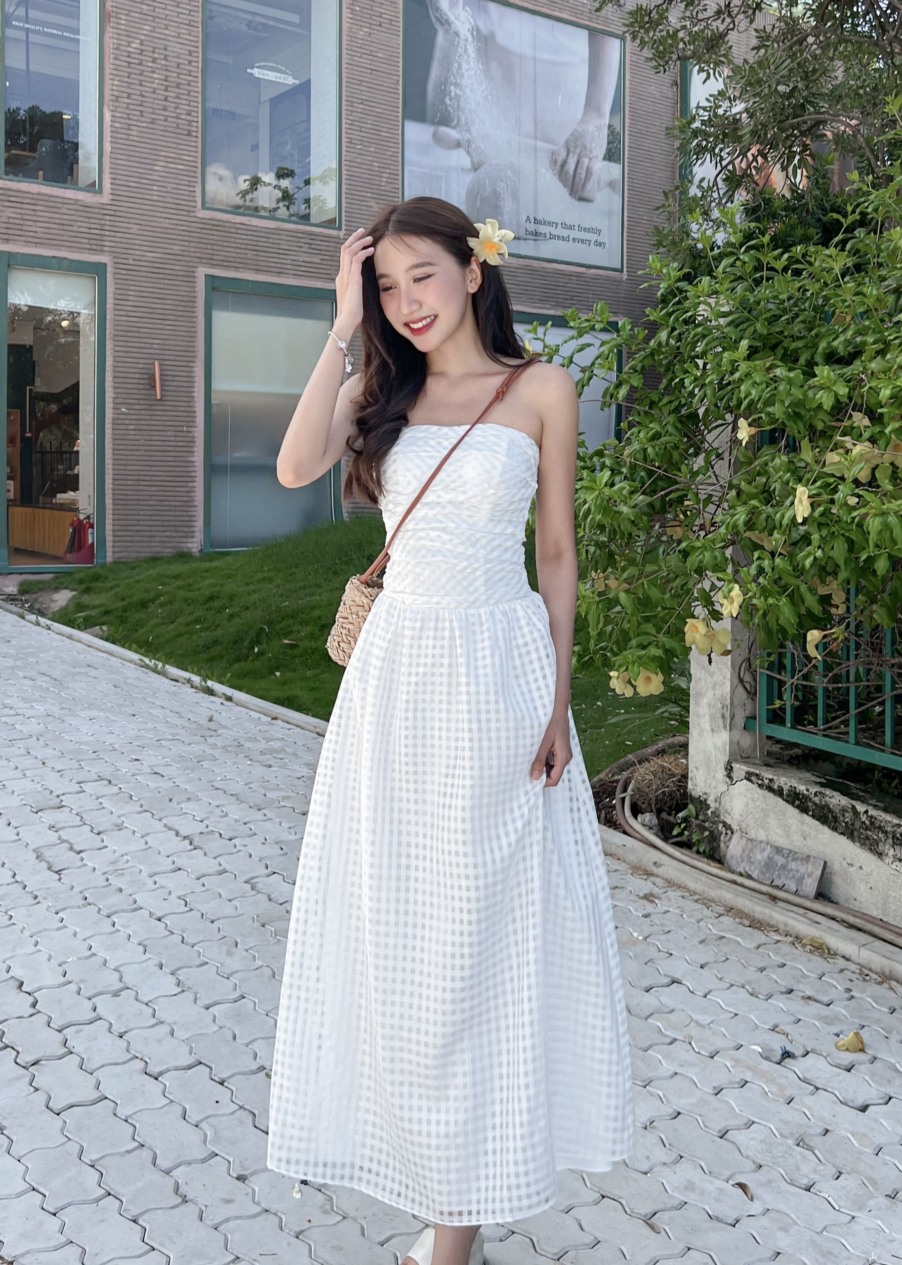 Đầm halona - đầm ống dài caro cúp ngực