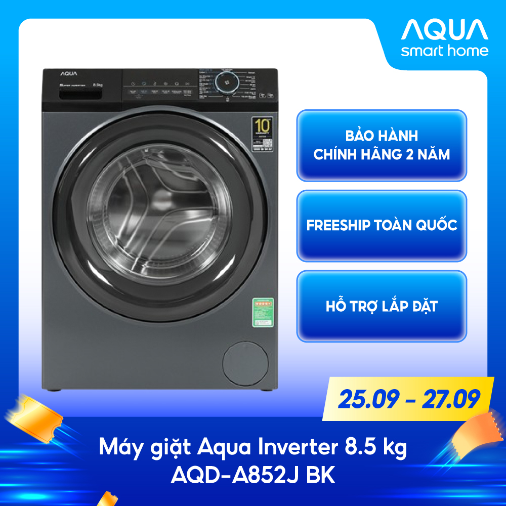 [SALE SỐC 25 - 27.09] Máy giặt cửa trước Aqua Inverter 8.5KG AQD-A852J.BK - Miễn phí giao hàng toàn 