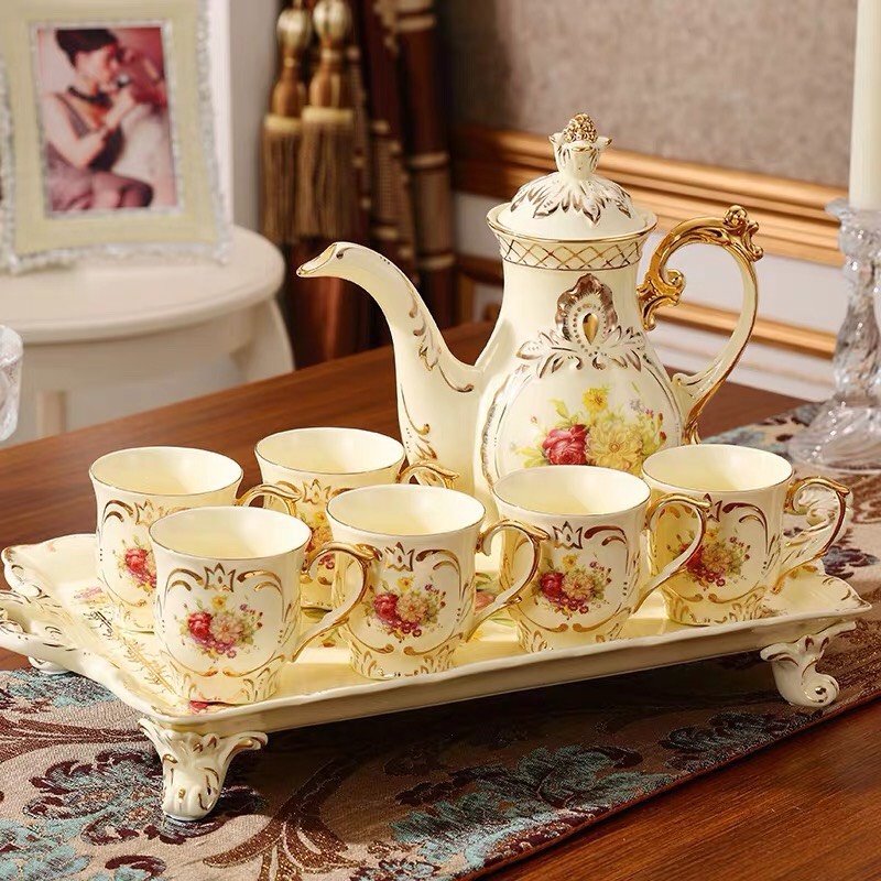 Bộ ấm chén hoa mẫu đơn kèm khay viền vàng cao cấp