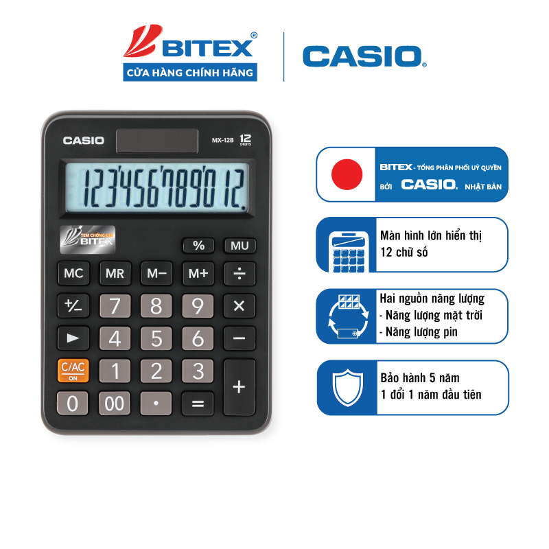 Máy tính CASIO MX-12B chính hãng, hiển thị 12 số, nhỏ gọn tiện lợi, tính nhanh, chính xác