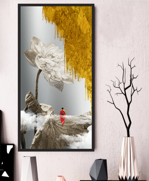 Khung tranh nghệ thuật in canvas - đức phật & hoa sen - kèm khung 35x70 cm