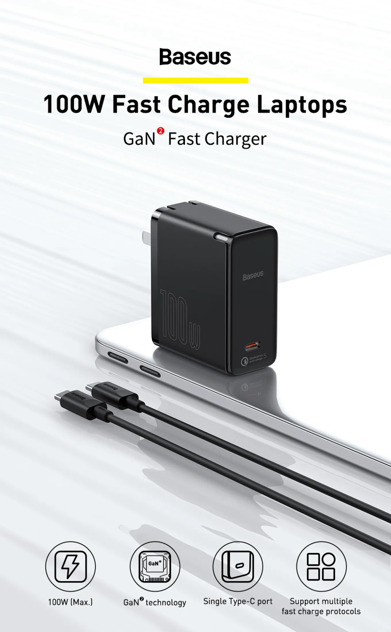 Củ sạc nhanh Baseus 100W GaN2 màu đen tinh tế