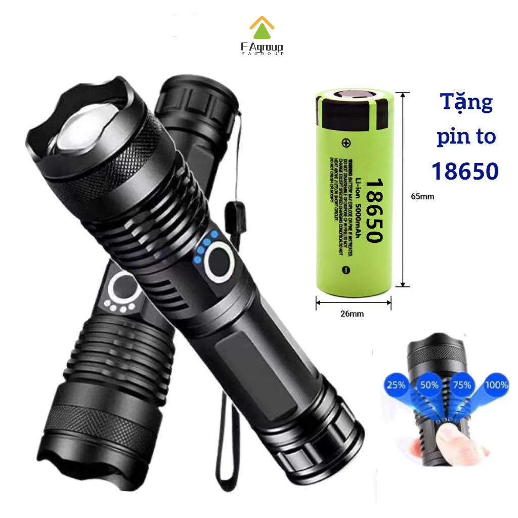 Đèn pin cầm tay siêu sáng XHP50 chiếu xa 500m có Zoom xa gần, chống thấm nước, pin trâu, 5 chế độ sáng, đèn pin cầm tay, đèn pin dã ngoại
