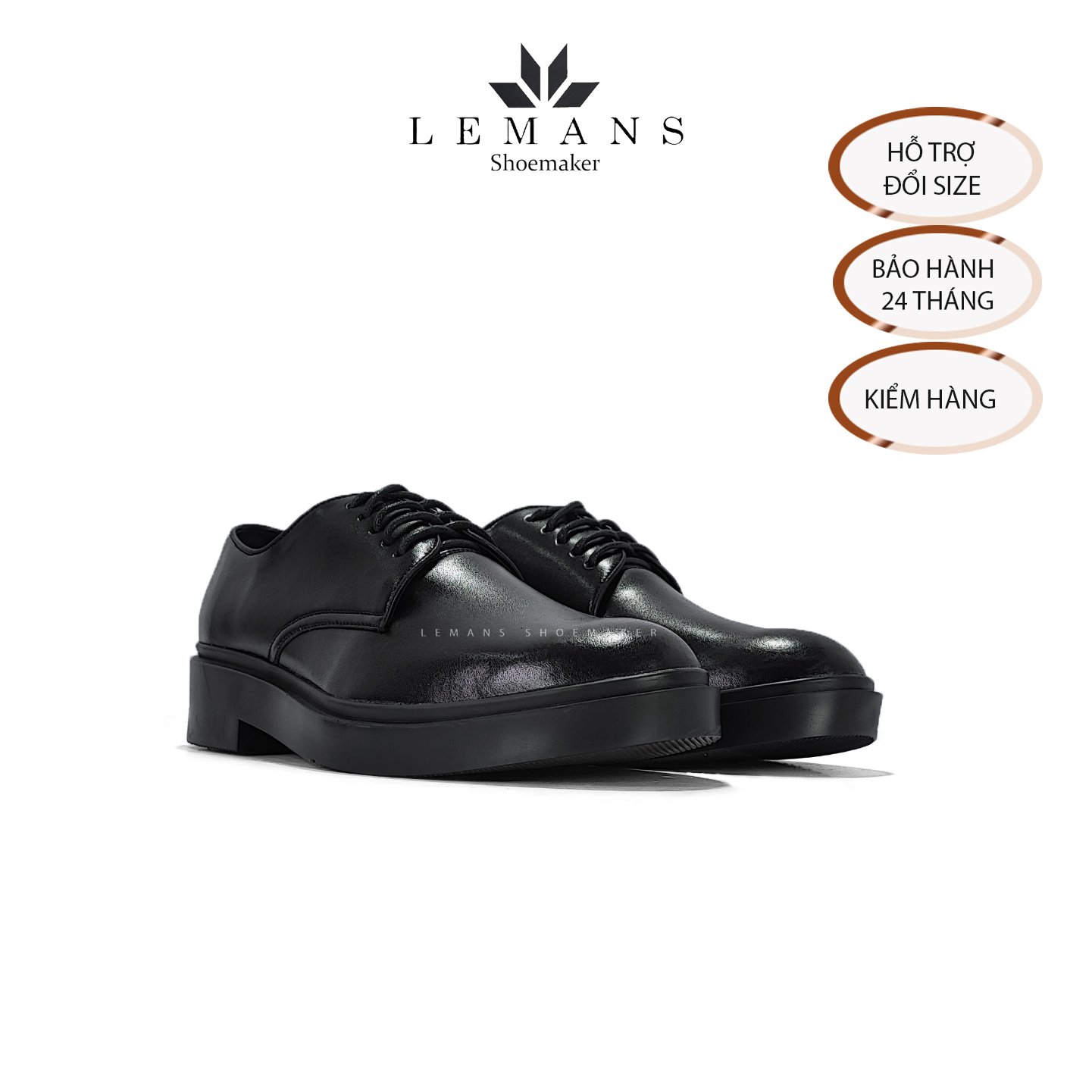 Giày tây da bò công sở Modern Derby Black LEMANS GC08 - giày tây tăng chiều cao bảo hành 24 tháng