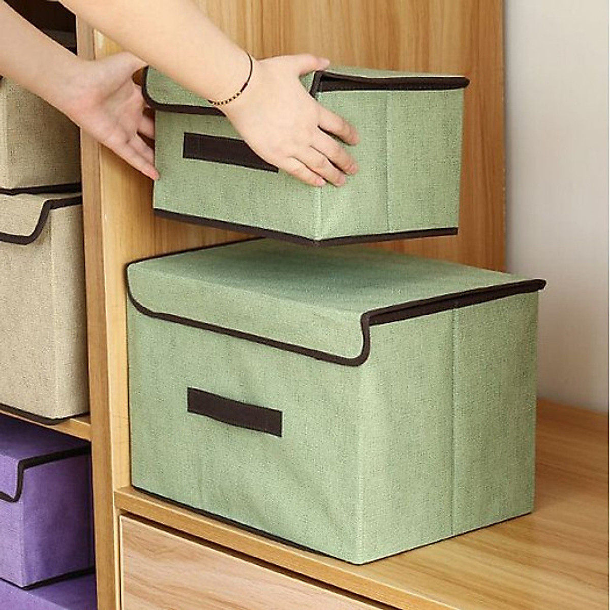 Combo 2 hộp vải đựng đồ thùng đựng quần áo đồ chơi, mĩ phẩm đa năng bằng vải cứng cắp có nắp đậy tiện dụng siêu đẹp