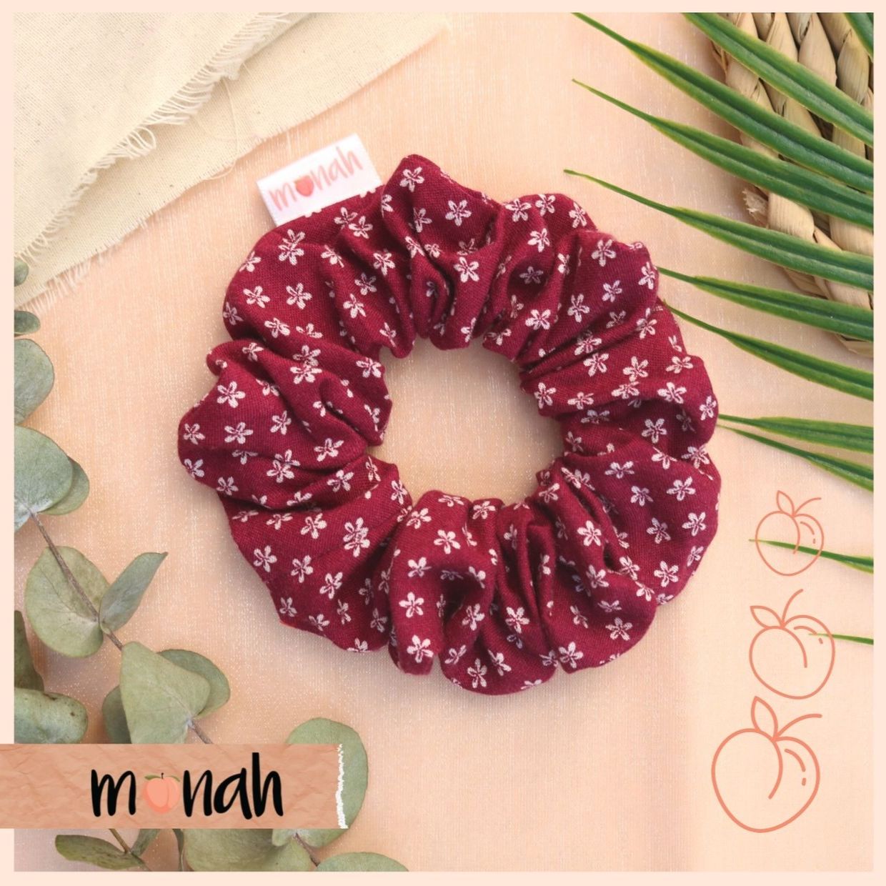 Dây buộc tóc cột tóc scrunchie vải tôn mát lạnh họa tiết hoa đỏ cổ điển