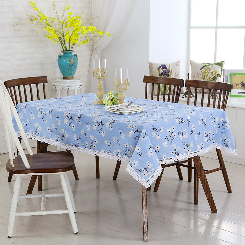 Khăn trải bàn vải bố canvas nhiều size họa tiết hoa trắng nền xanh table cloth vintage canvas KB029 TRANGTRIDECOR
