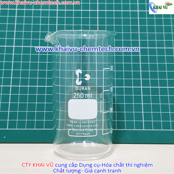 Cốc thủy tinh cao thành 250ml chia vạch có mỏ, chịu nhiệt