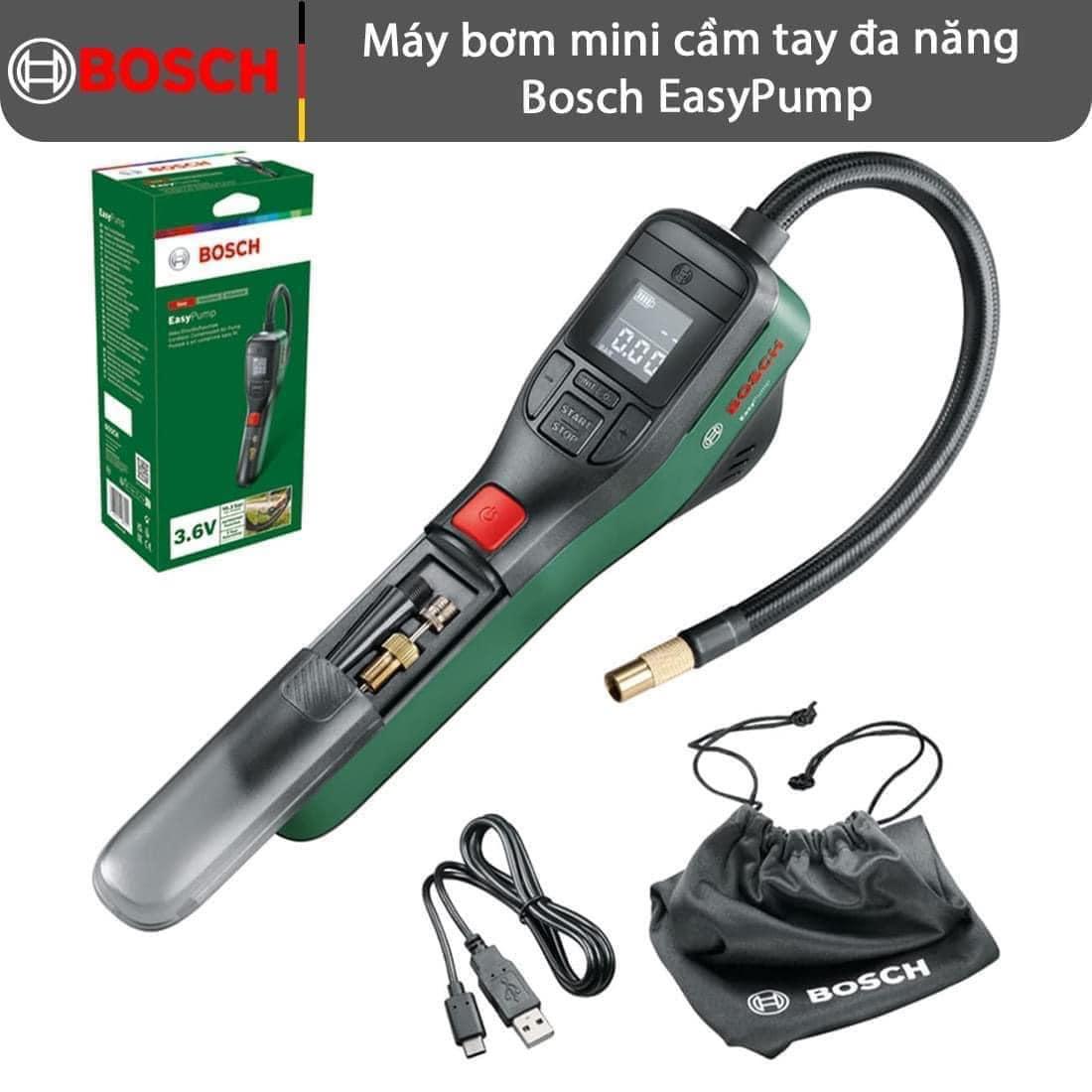Máy bơm hơi bosch easypump, máy bơm cầm tay, máy bơm ô tô, xe máy, xe đạp, áp suất cao, chính xác, nhập đức, bh 12 tháng