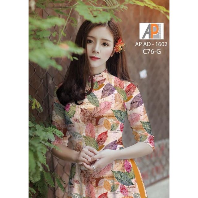 Bộ áo dài truyền thống may sẵn họa tiết lá thu màu camM02
