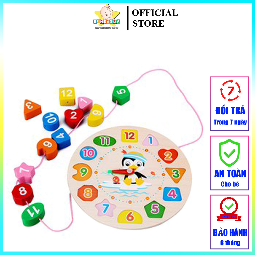 [Sale off 50%] Đồng hồ Gỗ xếp hình (Kèm dây xâu chuỗi hạt) - Đồ chơi gỗ an toàn