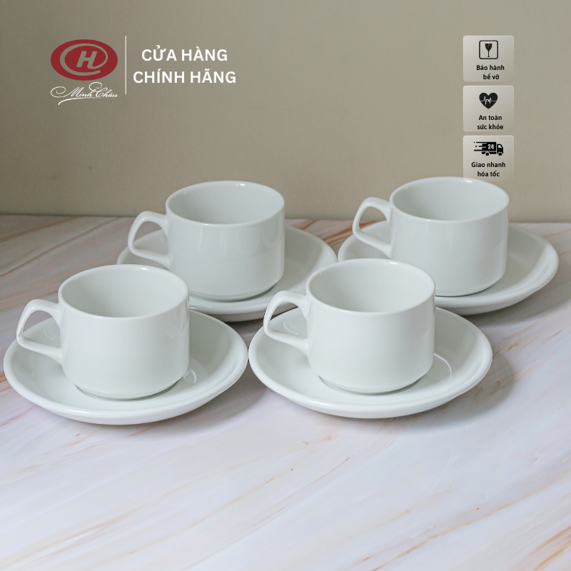 Bộ 4 Tách Cafe 120ml và Đĩa Lót Sứ Minh Châu - Trắng Trơn