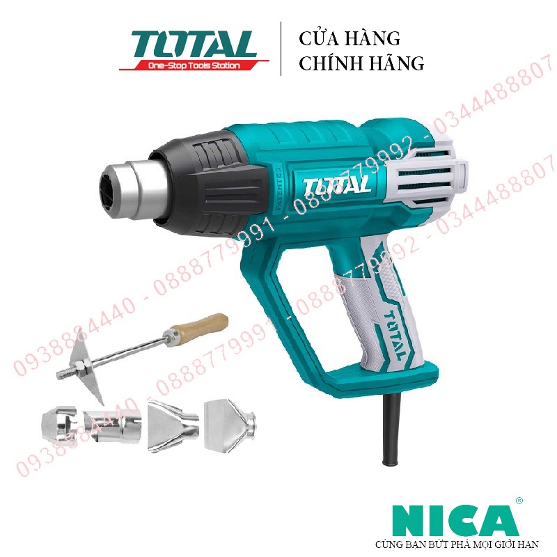 2000w máy thổi hơi nóng total tb2006 công suất: 2000 w, nhiệt độ: 350°c/550°c; lượng khí thổi: 300/500l/min; kèm theo 1 cây nạo/cào và 4 miệng vòi siêu thị đồ nghề