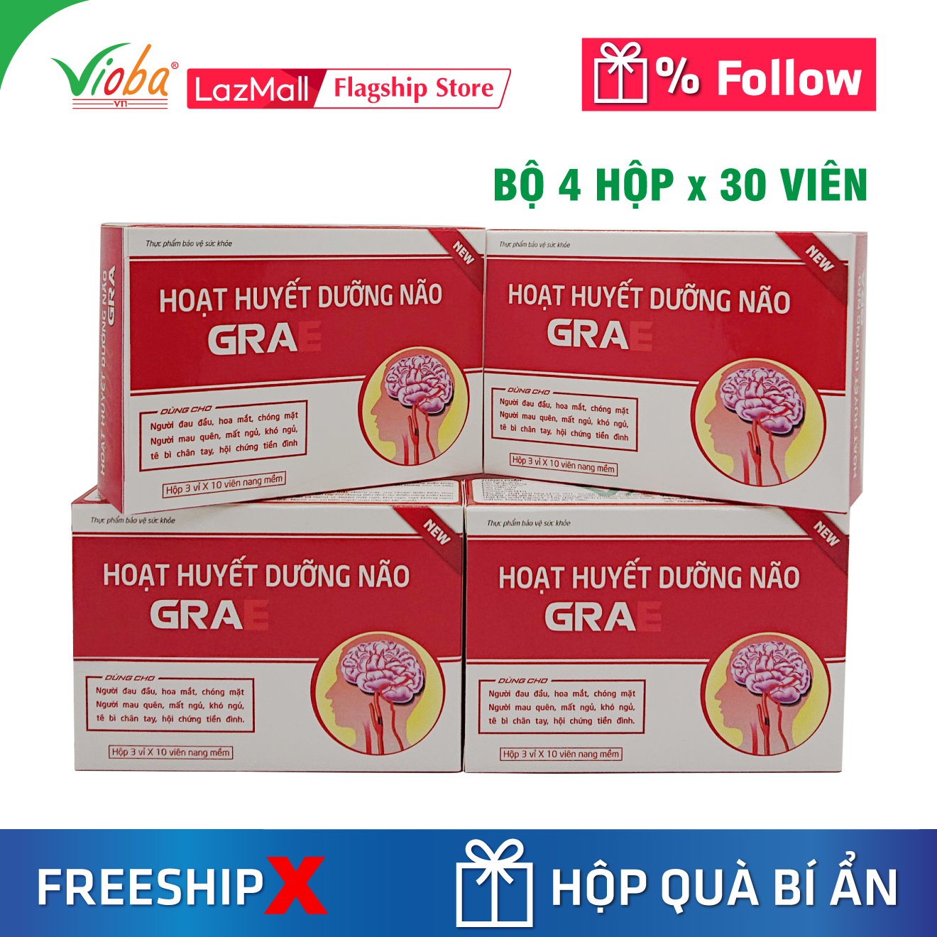 [4 hộp] Viên uống dưỡng não. bổ sung thêm Coenzyme Q10. Hỗ trợ điều trị thiểu năng tuần hoàn não, thiếu máu não gây đau đầu, chóng mặt, rối loạn tiền đình, ù tai, mất ngủ, suy giảm trí nhớ. Hoạt huyết dưỡng não GRAE, hộp 30v