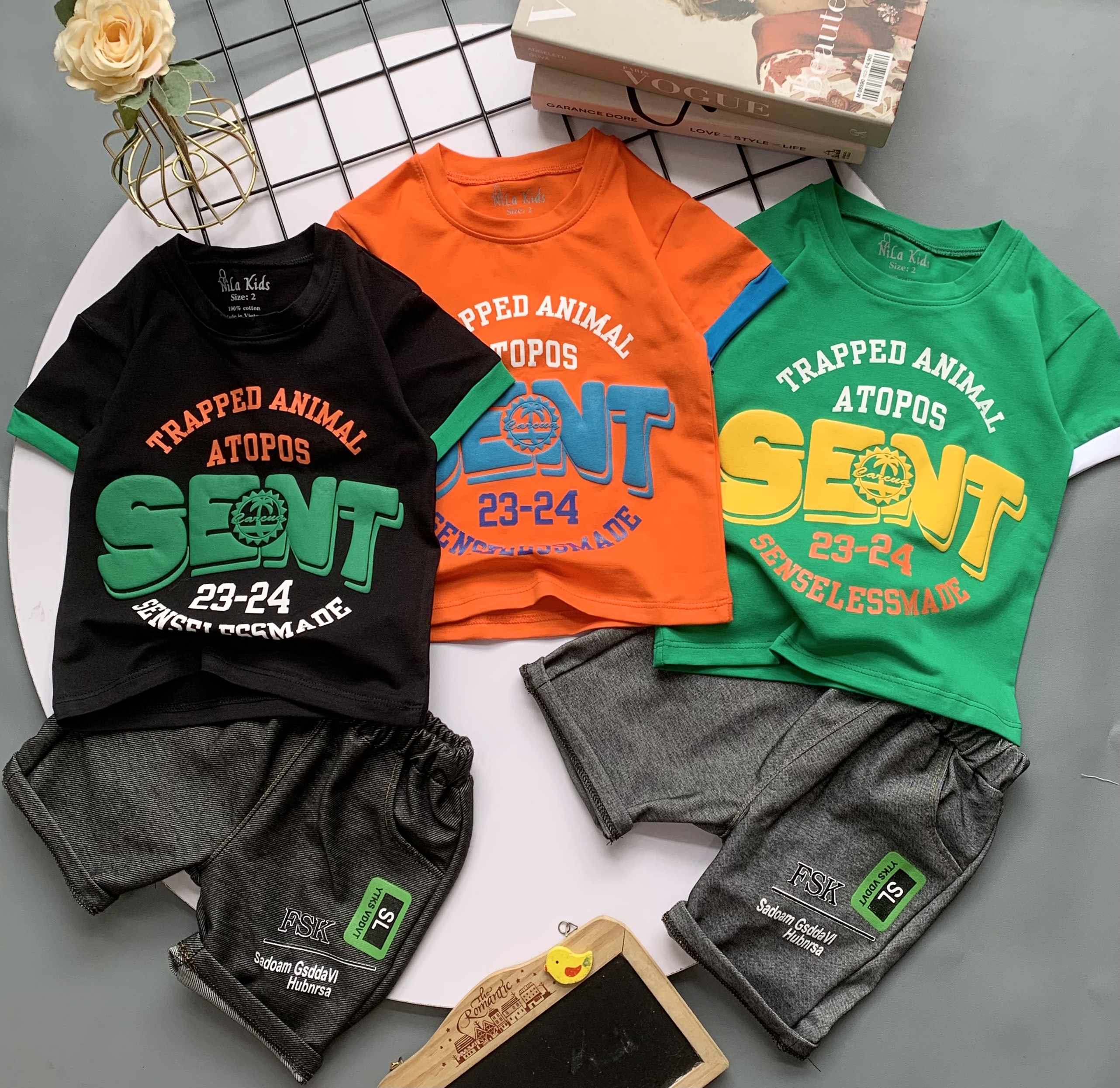 Set bộ quần áo bé trai Áo thun cotton in chưc SENT quần thun giả jean cho bé trai từ 8-24 kg