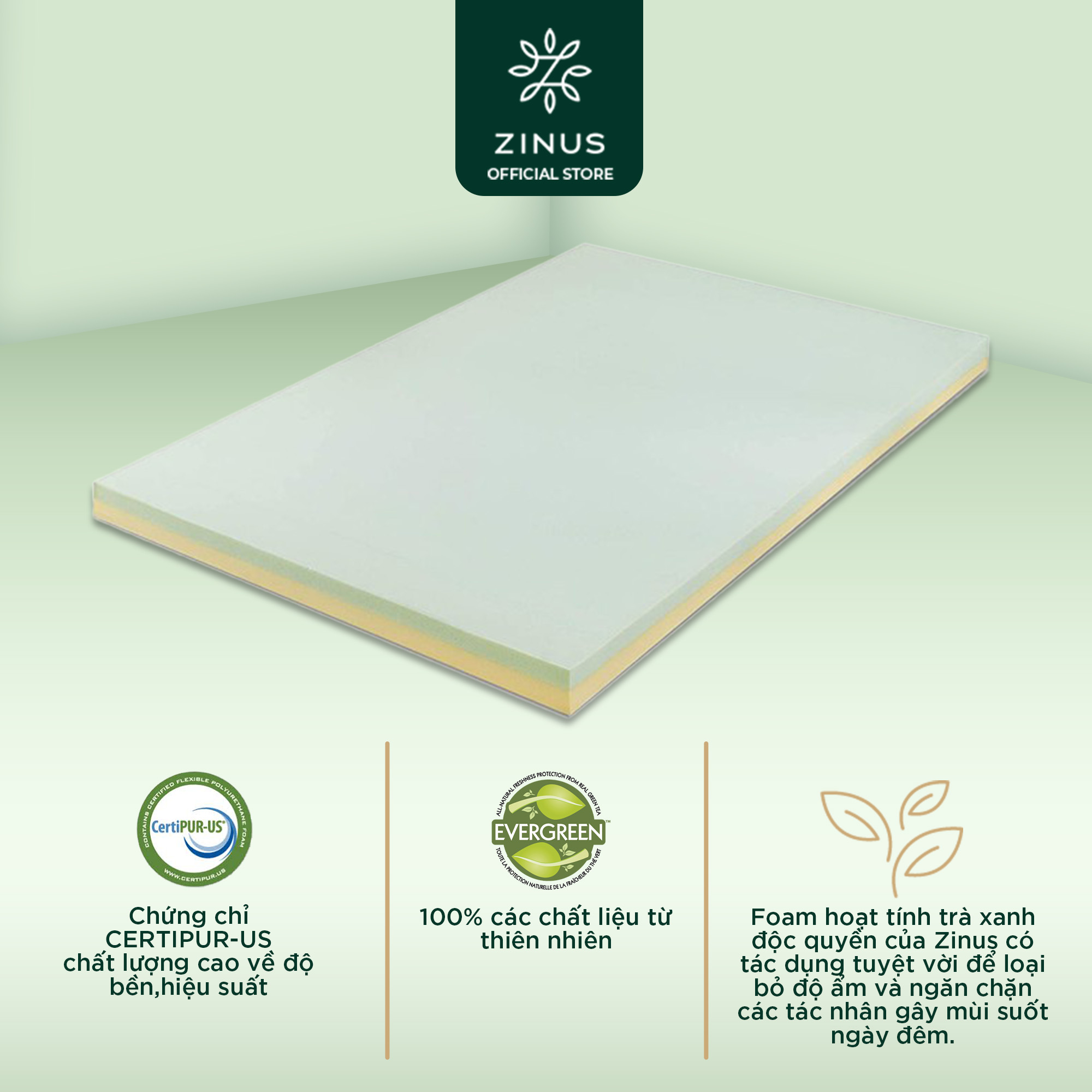 Topper Cao Su Non Trà Xanh 7cm Zinus 3in Green Tea Memory Foam Topper