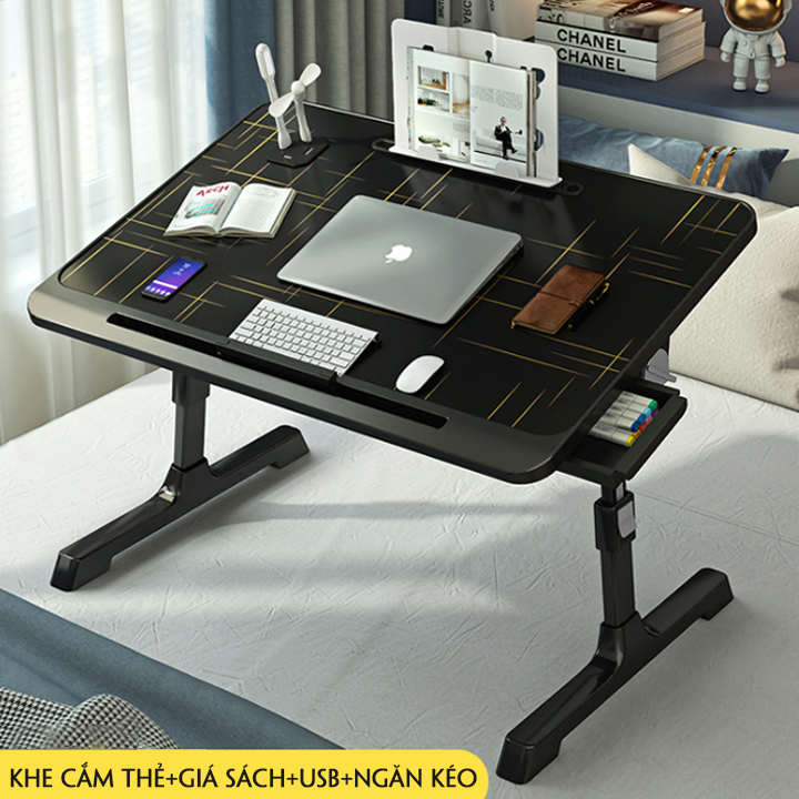 Bàn học thông minh gấp gọn đa năng có khe cắm ipad và ngăn kéo - bàn làm việc kèm đèn quạt, cổng sạc usb tiện ích