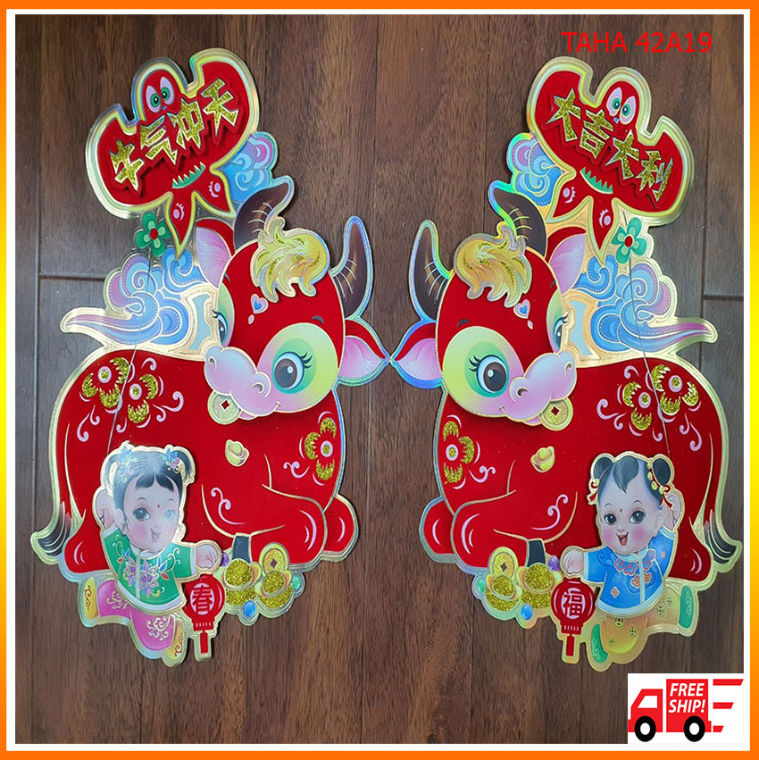 Hình dán DECAL 3D Trâu ngậm đồng vàng TET08 TAHA 42A19 Tặng 5 bao lì xì trang trí ngày tết